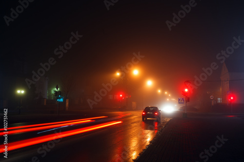 Road at night with fog