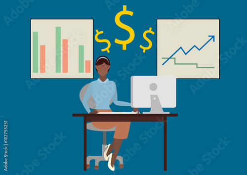 Woman with money, diagrams and statistics