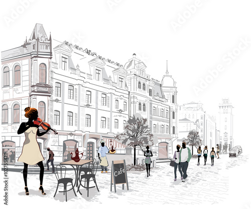Series of the streets with people in the old city, street musicians.