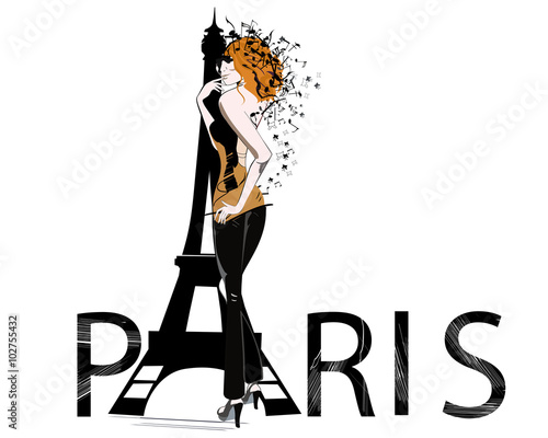 Paris text with Eiffel tower and romantic fashion girl.
