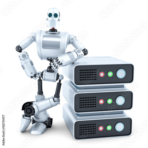 Engineer with stack of servers. Isolated. Contains clipping path photo