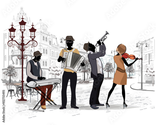 Series of the streets with people and musicians in the old city 
