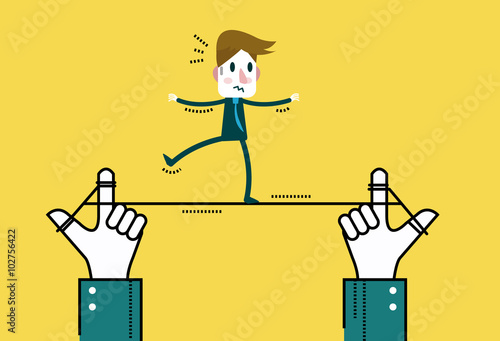 Businessman walking on line, control by big hand. business risk