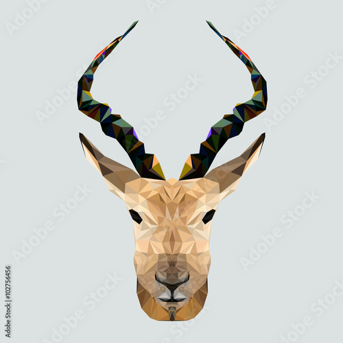 Antelope in polygonal style. Triangle vector illustration of animal for use as a print on t-shirt and poster. Geometric low poly antelope design.