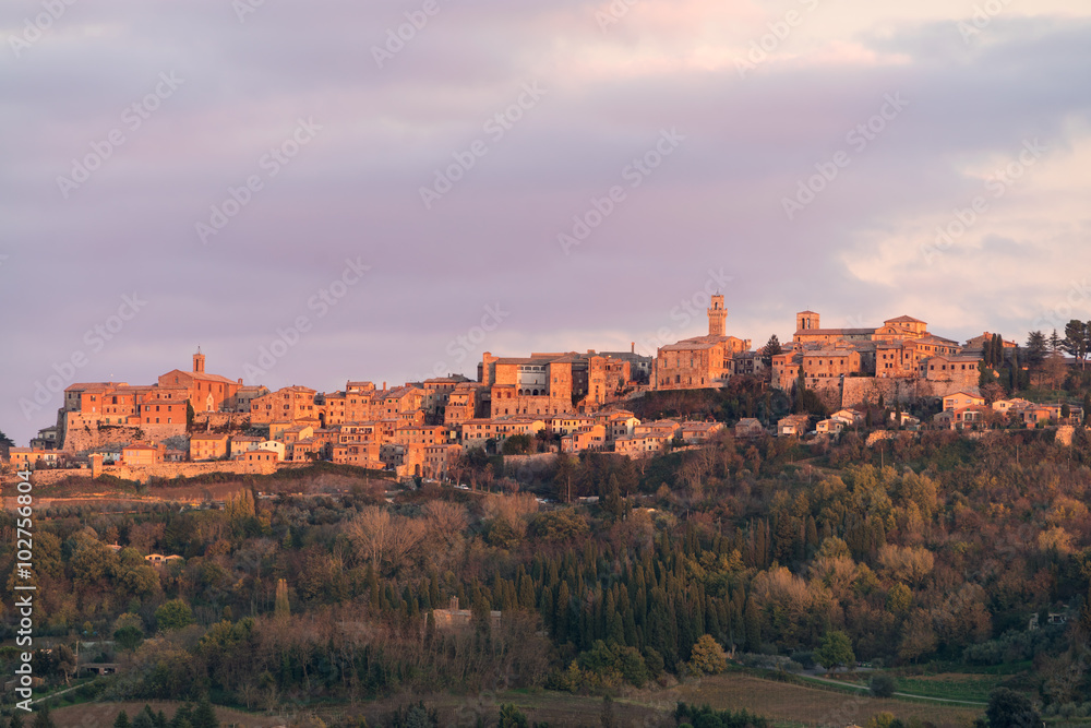 Medieval and Renaissance town Montepulciano, Tuscany, violet sunset