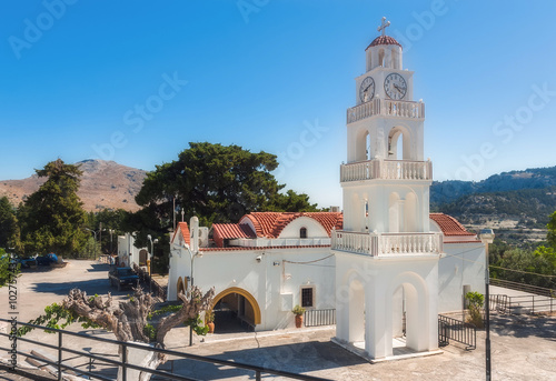 Church with a bell tower. Kato Monastery Tsambika. Rhodes Island