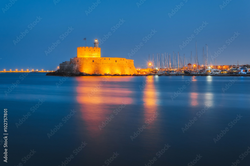 Fortress of St. Nicholas in the evening. Rhodes. Greece
