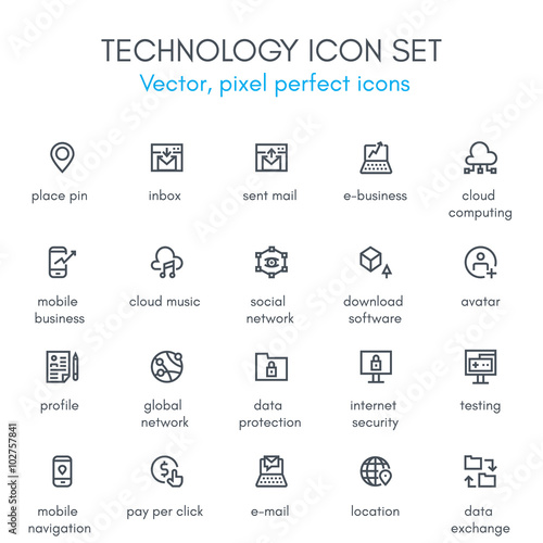 Technology theme line icon set.
