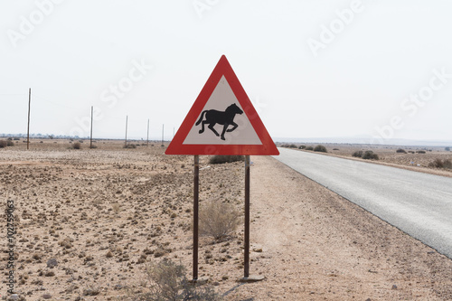 Canvas Print Traffic Sign: Caution wild horse crossing road