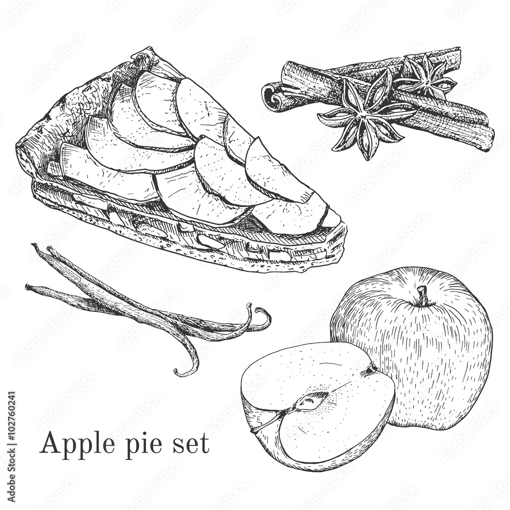 Fotografie Ink apple pie set with apples, cinnamon, vanilla