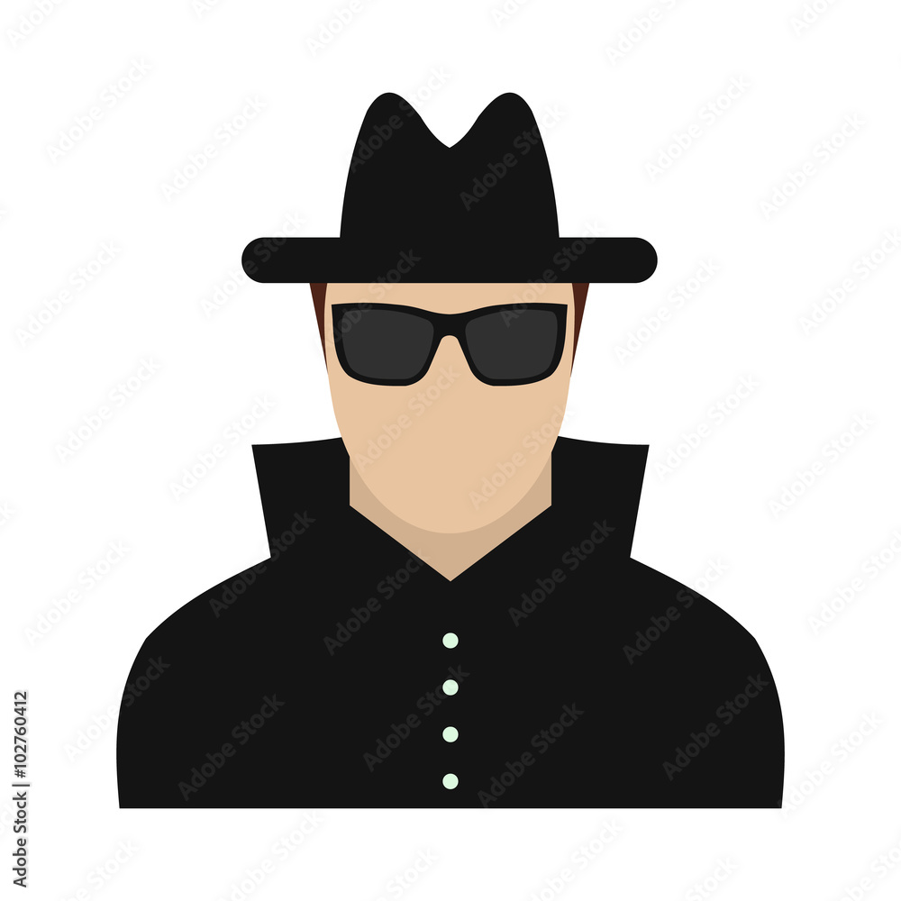 Man in black sunglasses and black hat flat icon