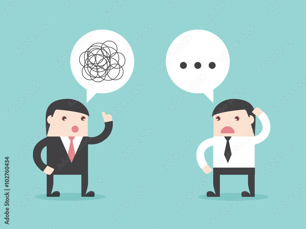 Executive bad communication. businessman don't understand. talking confused. Flat design business financial marketing banking concept cartoon illustration. Stock Vector | Adobe Stock