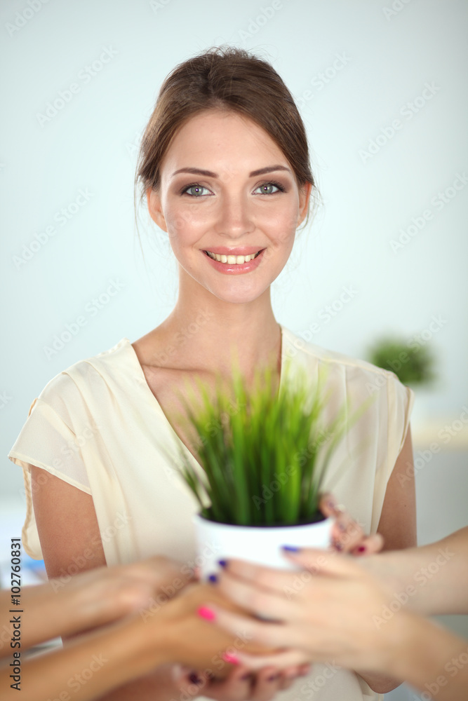 Beautiful woman holding pot with a plant, standing Beautiful woman holding pot with a plant, standing