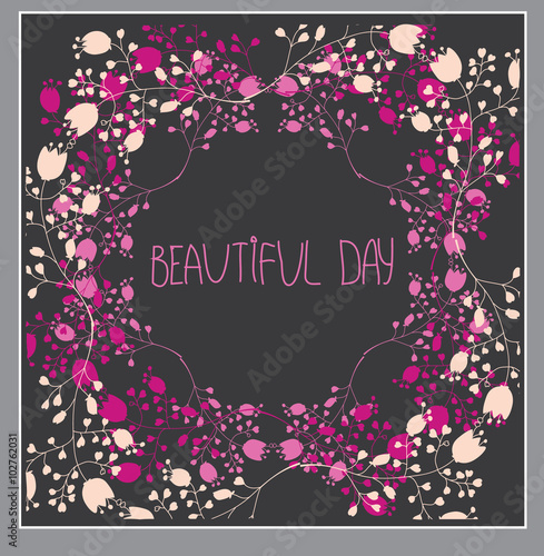 vector background with flowers intertwined branches of flowers and leaves in pink on a dark background with the words beautiful geni