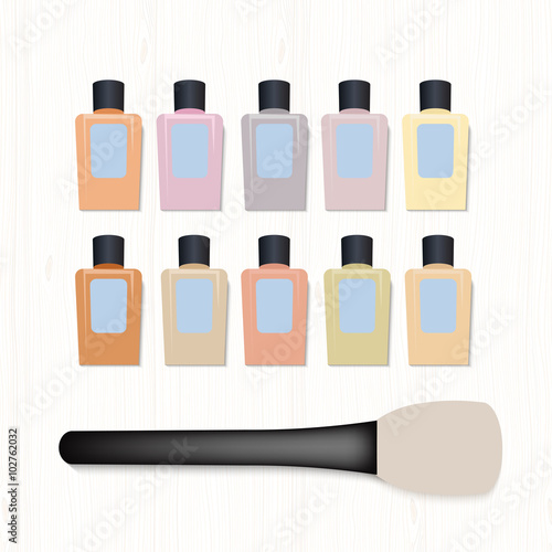 Set of realistic foundation different colors and brush for foundation