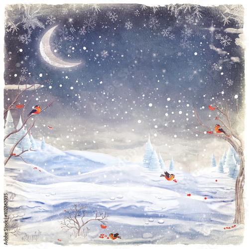 Winter night landscape. Merry Christmas and Happy new year background