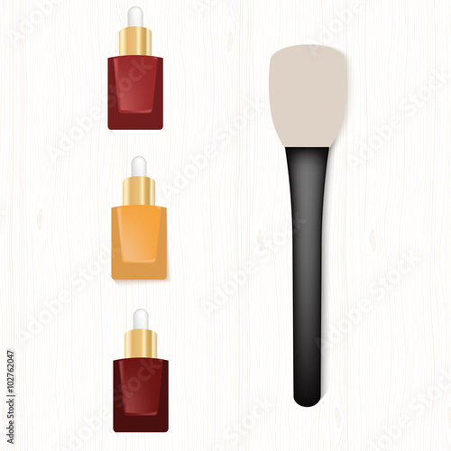Set of realistic bottles of serum and brush for foundation 
