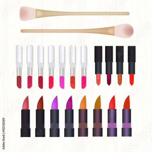 Set of realistic colored lipsticks, brush for foundation