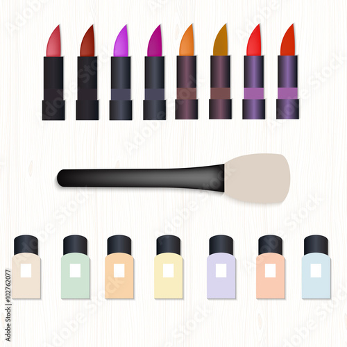 Set of realistic colored lipsticks, brush for powder and nail polish