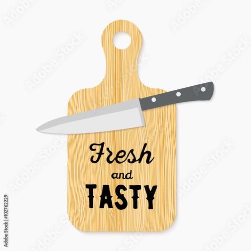 Realistic wooden cutting board and knife and hand drawn quote: F