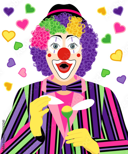 Surprised clown plucks the last petal of a flower (love me, loves me not)
