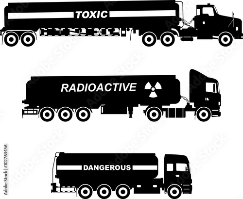 Set of different silhouettes cistern trucks carrying chemical, radioactive, toxic, hazardous substances isolated on white background. Vector illustration.