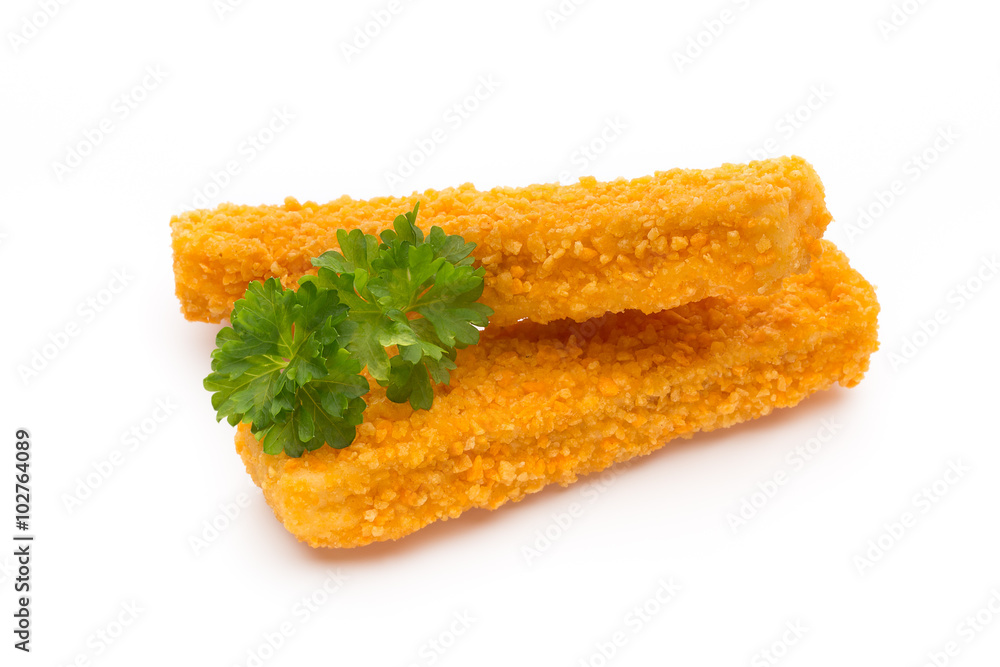 Frozen bread crumbed fish fingers on white. Frozen bread crumbed fish fingers on white.
