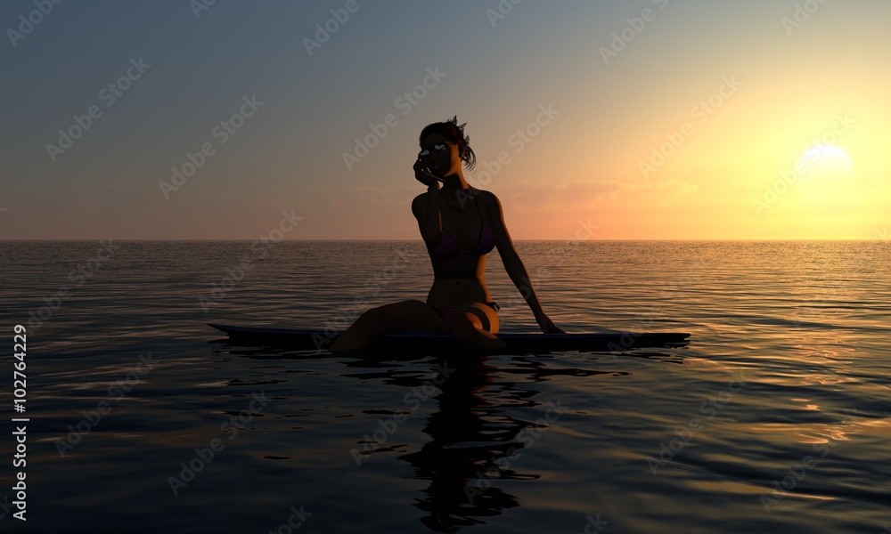 Surfer Girl At Sunset or Sunrise With Mobile Phone