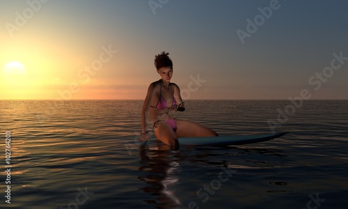 Surfer Girl At Sunset or Sunrise With Mobile Phone