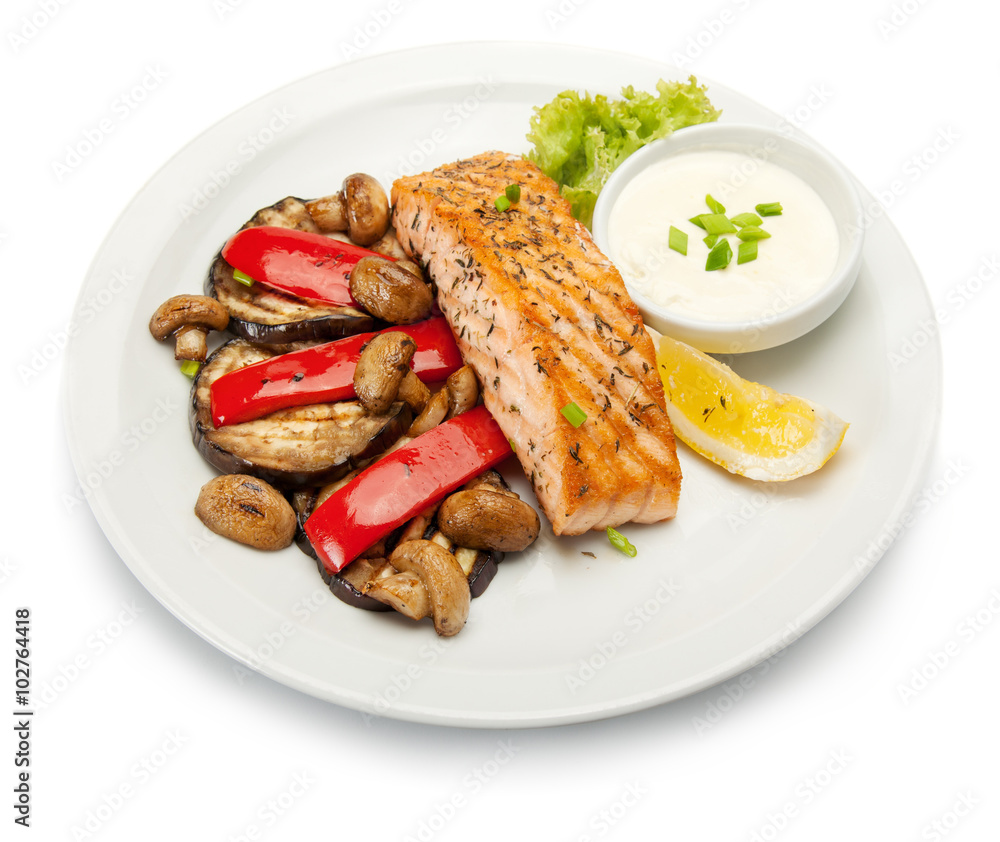 Grilled salmon fillet with grilled vegetables. Grilled salmon fillet with grilled vegetables.