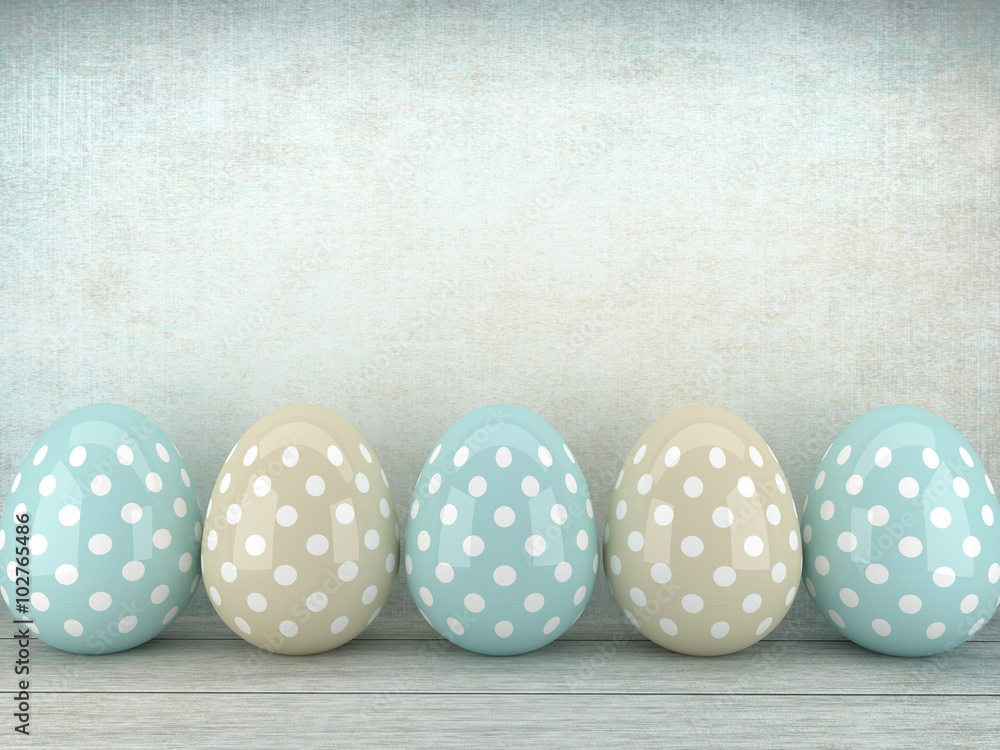 3d Easter glossy eggs lying on rustic table 3d Easter glossy eggs lying on rustic table