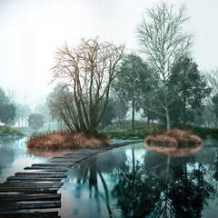 Fototapete Landschaften Herbstweinleselandschaft mit altem Wald und See  © denisgo