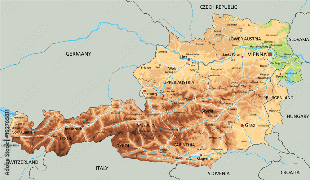 High detailed Austria physical map with labeling. Stock Vector | Adobe ...