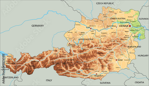High detailed Austria physical map with labeling.