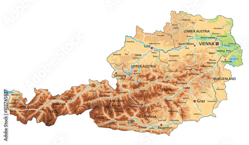 High detailed Austria physical map with labeling.