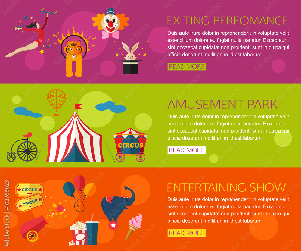 Circus performance, entertainment, amusement show compositions with circus icons. Flat style design. Circus performance, entertainment, amusement show compositions with circus icons. Flat style design.
