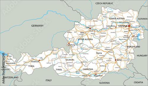 High detailed Austria road map with labeling.
