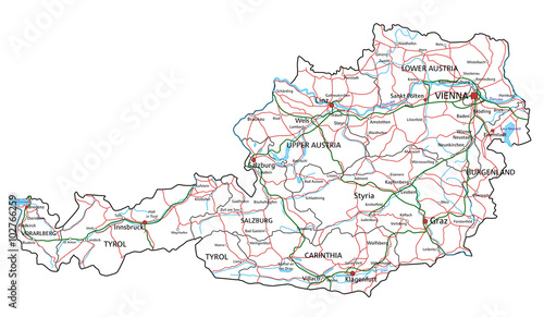 High detailed Austria road map with labeling.