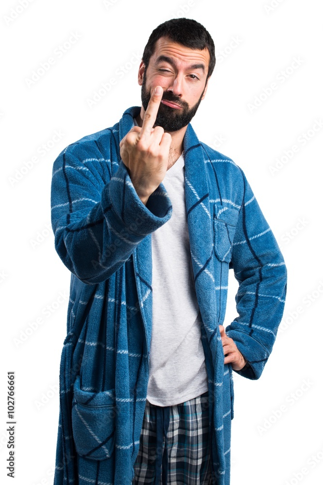 Man in dressing gown making horn gesture Man in dressing gown making horn gesture
