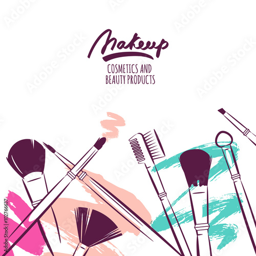Watercolor hand drawn illustration of makeup brushes on colorful