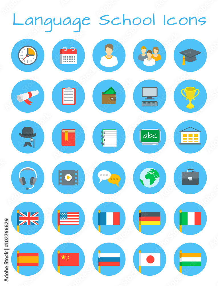 Language courses flat vector icons. International communication in different languages. Foreign languages school design elements for website. Planning, cost, equipment for individual and group lessons