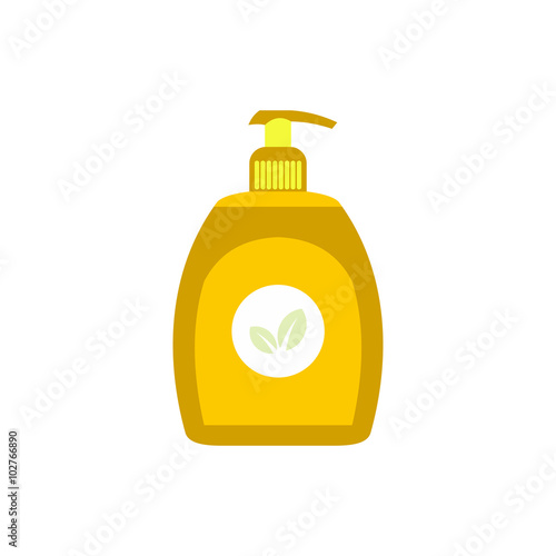 Yellow plastic bottle with liquid soap flat icon