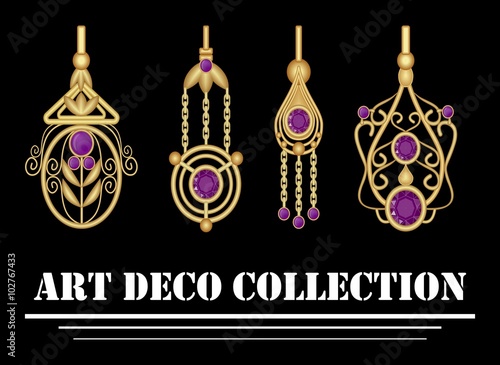 Collection of elegant gold earrings with purple amethyst gem in art deco. Symmetric classic design, jewel for festive occasions.