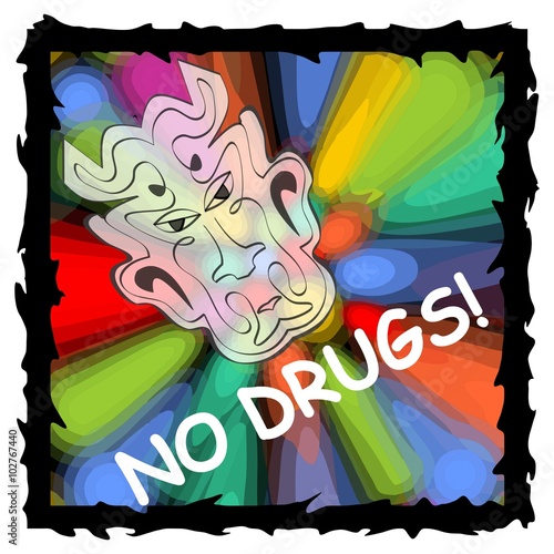 Vector anti drug poster with fuzzy devil face on psychedelic multicolored background with black grunge frame. Drug warning, no drugs, no dependence