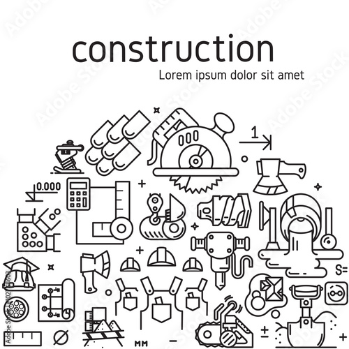 Vector construction illustration with icons and signs in linear style equipment build tool on white background poster or banner template