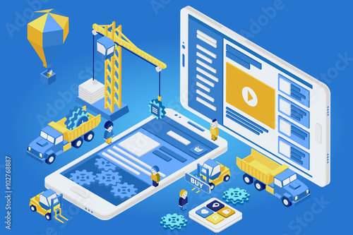 Mobile App Development, Experienced Team. Flat 3d isometric