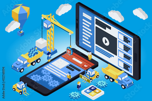 Mobile App Development, Experienced Team. Flat 3d isometric