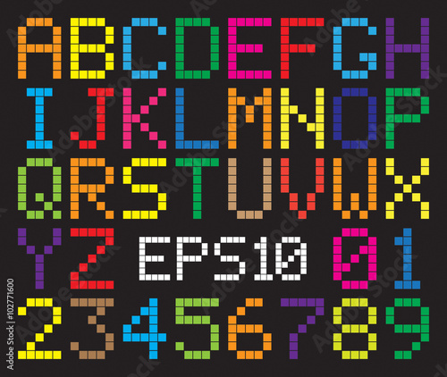 Alphabet abstract pixel art. All letters and number vector illustration. Eps 10