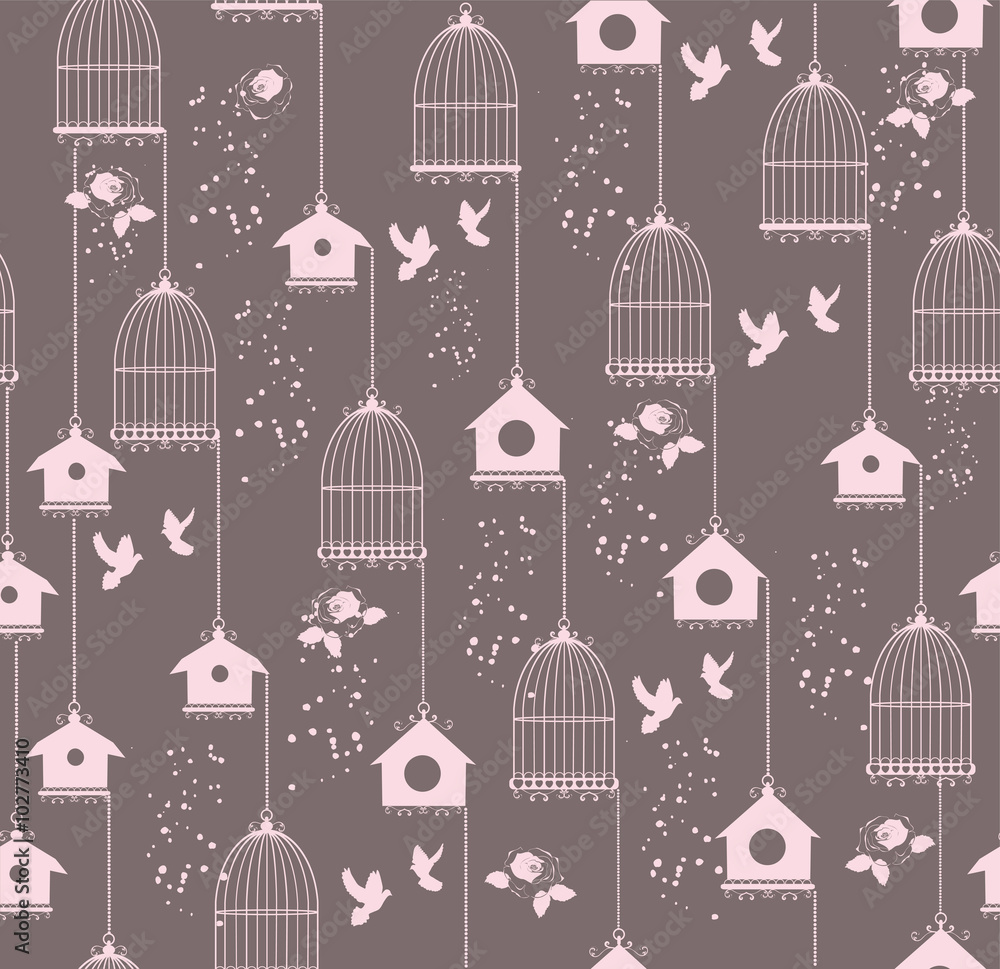 vector illustration of seamless background with bird cages and houses vector illustration of seamless background with bird cages and houses