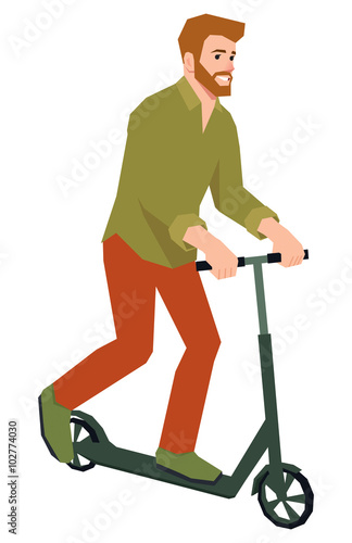Hipster man rides a kick scooter vector illustration in flat sty